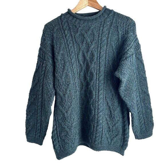 British Wool Forest Green Cable Knit Crewneck Sweater Size Small - Picture 1 of 6